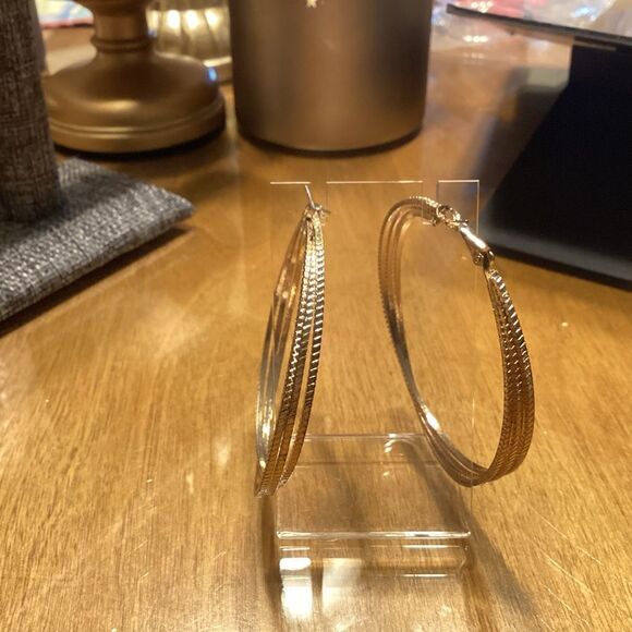 Goldtone Triple Strand Textured Hoop Earrings - Picture 3 of 6